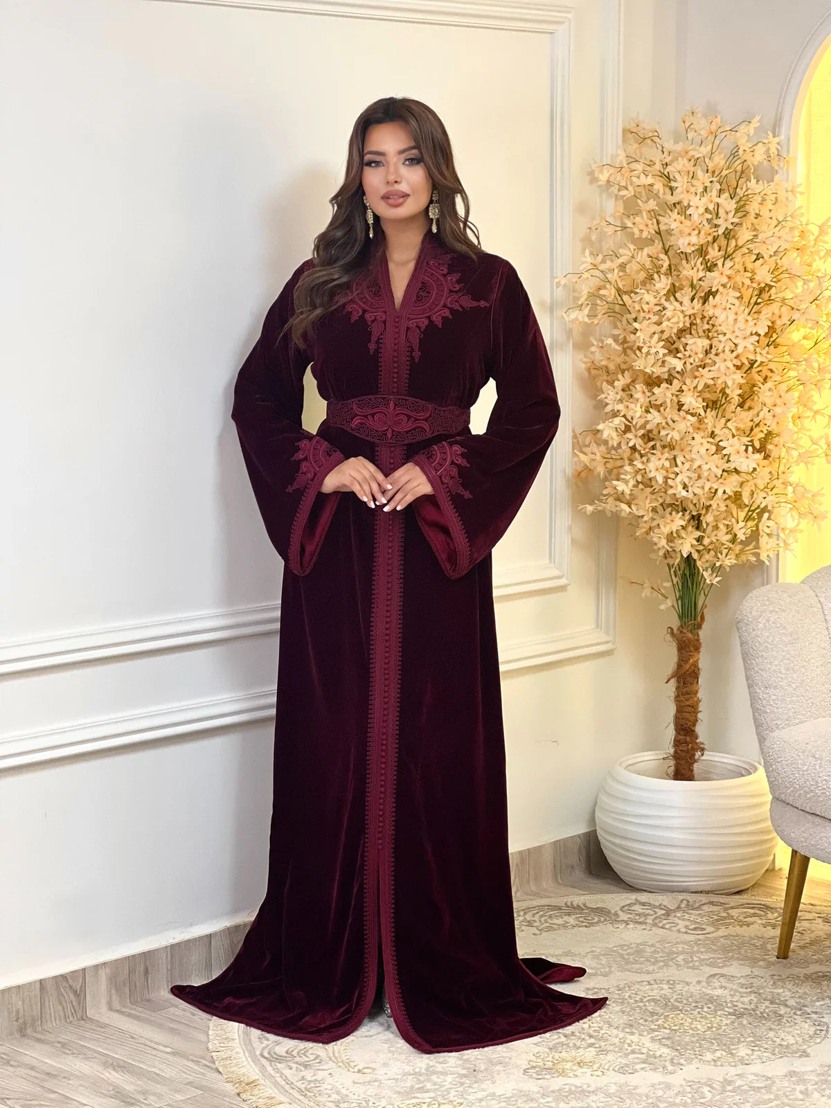 Insaf Burgundy Kaftan – Handcrafted Moroccan Dress – product view 5