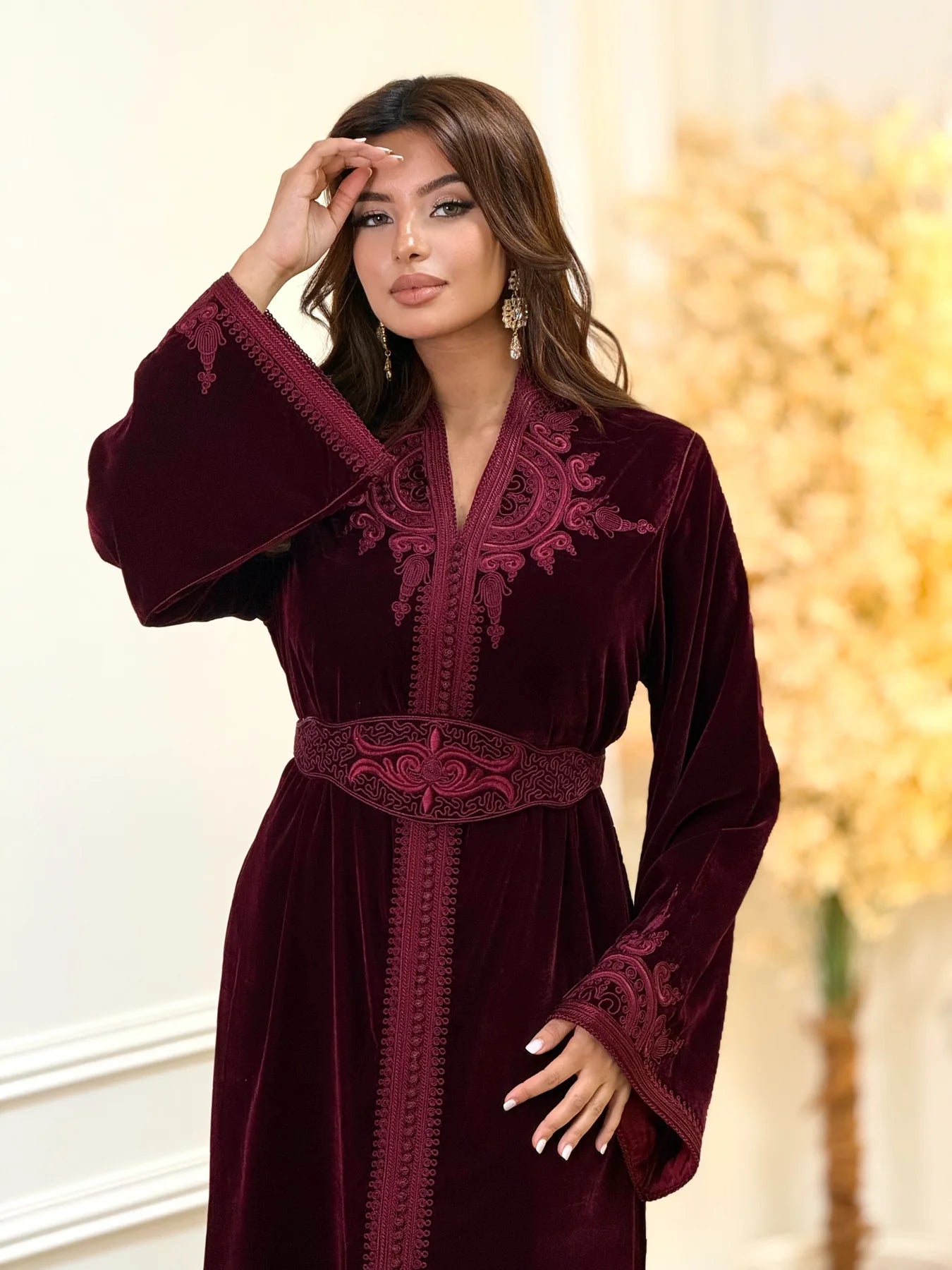Insaf Burgundy Kaftan – Handcrafted Moroccan Dress – product view 7