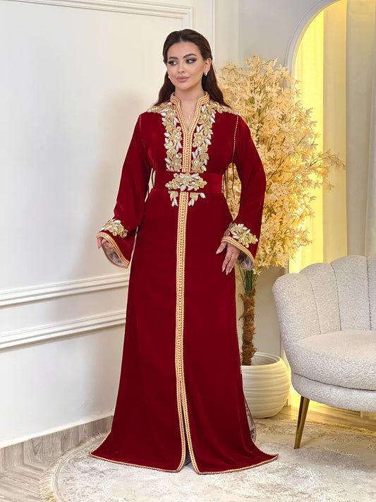 Najia Red Kaftan – Handcrafted with Gold Pearl Beadwork – product view 2