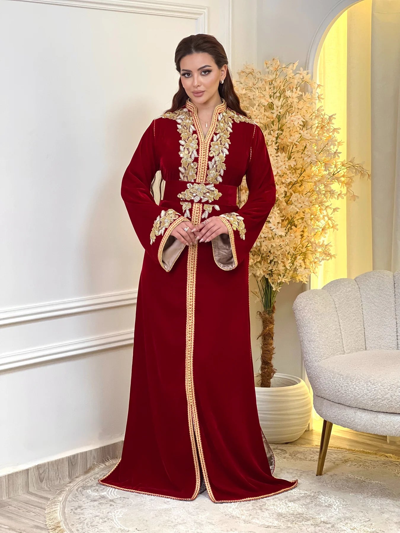 Najia Red Kaftan – Handcrafted with Gold Pearl Beadwork – product view 3