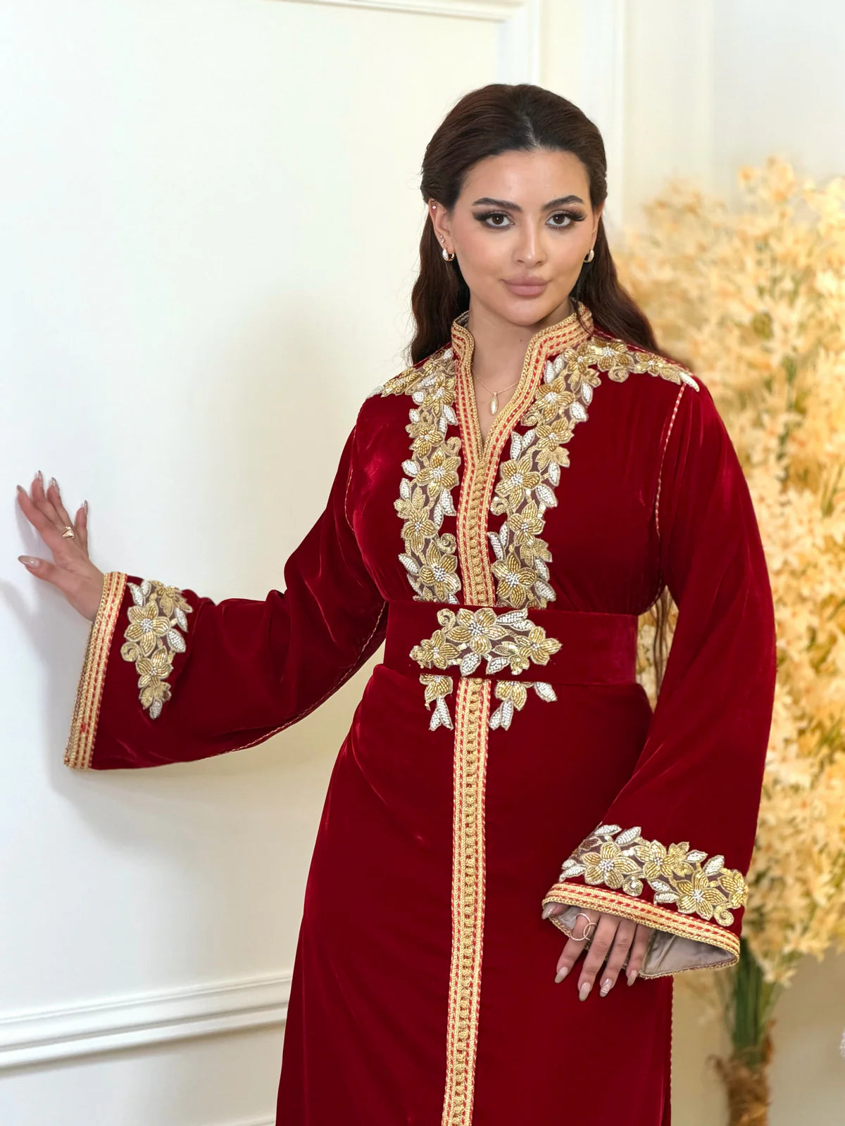 Najia Red Kaftan – Handcrafted with Gold Pearl Beadwork – product view 5