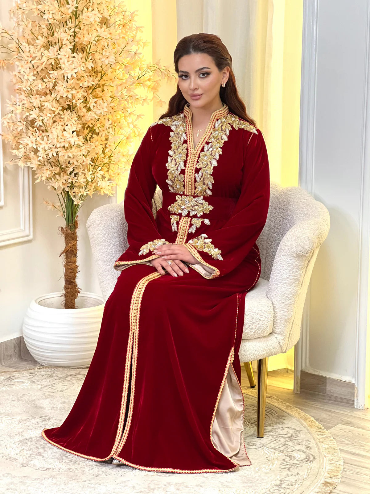 Najia Red Kaftan – Handcrafted with Gold Pearl Beadwork – product view 8