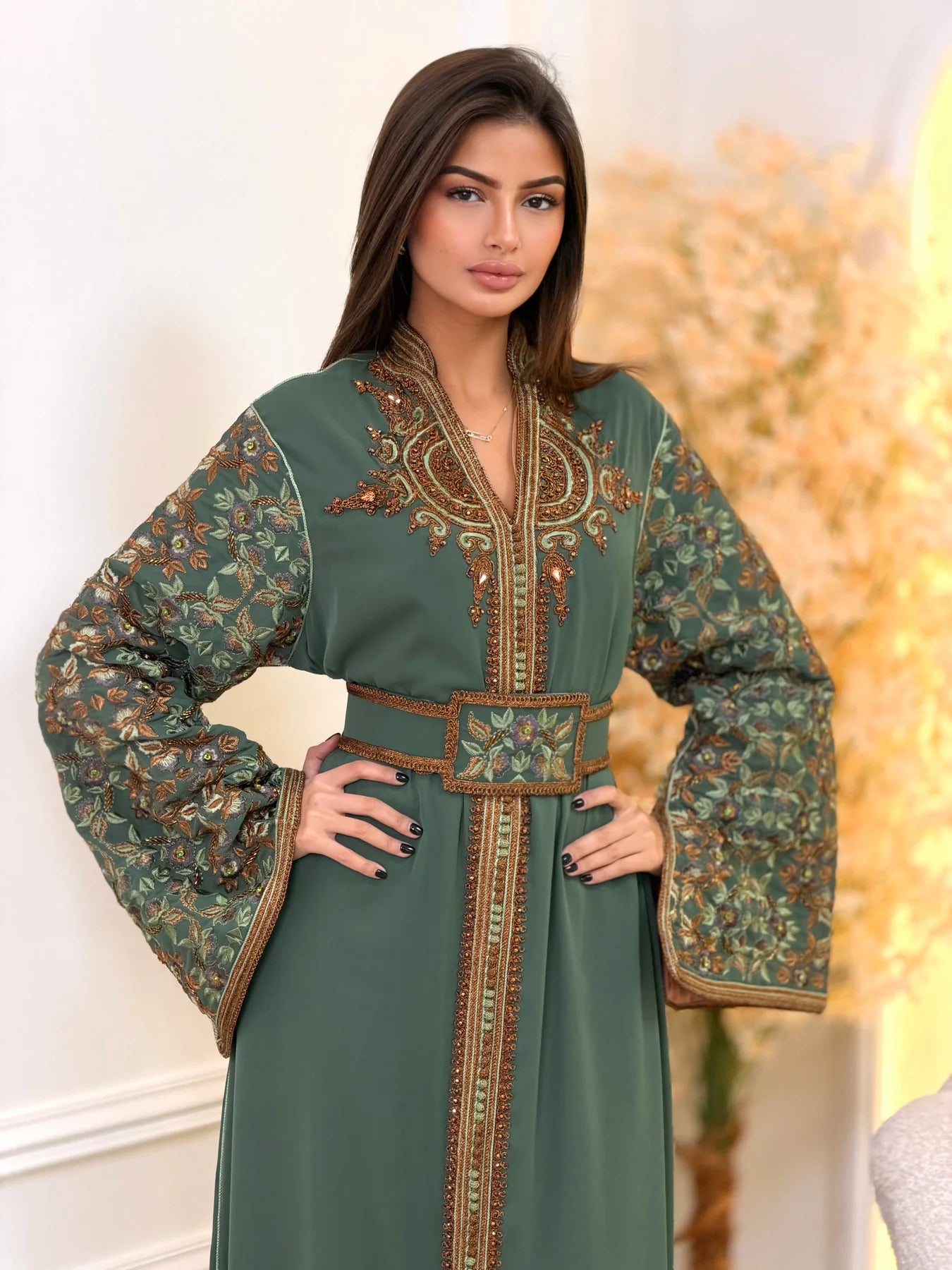 Nariman Green Kaftan – Handcrafted Moroccan Dress – embroidery detail