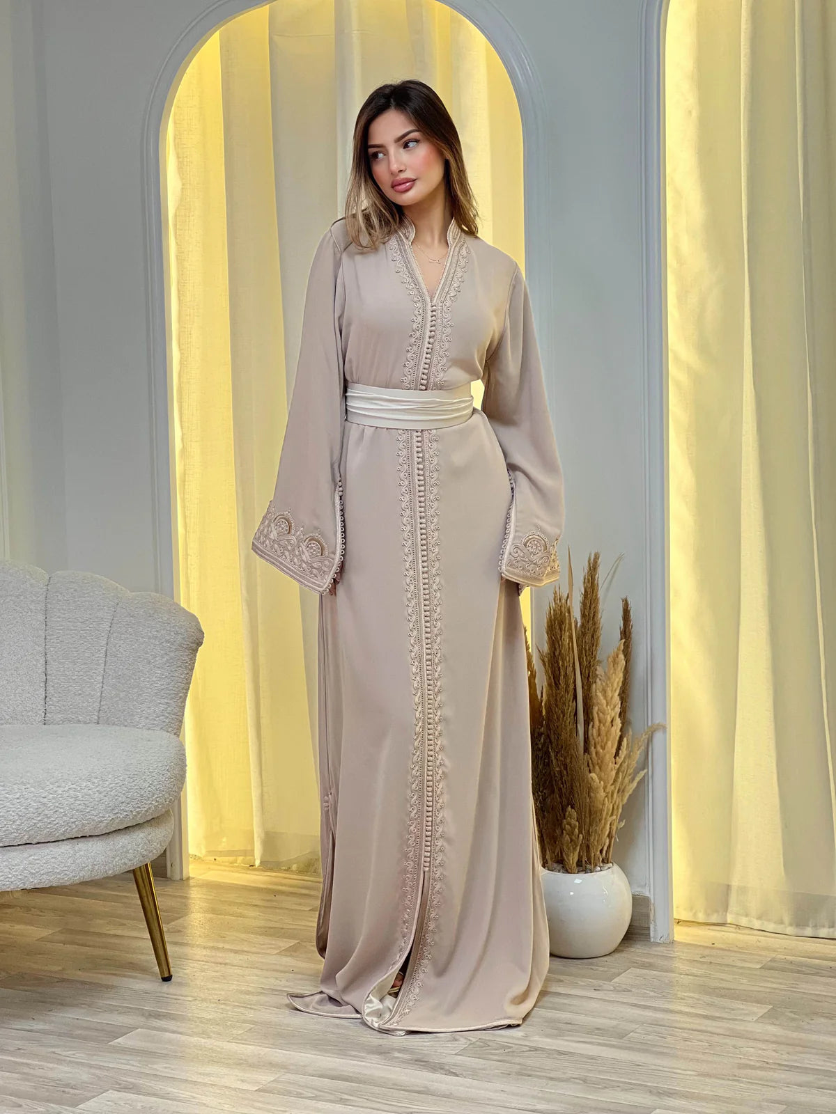 Sajida Beige Kaftan – Handcrafted Moroccan Dress – product view 3