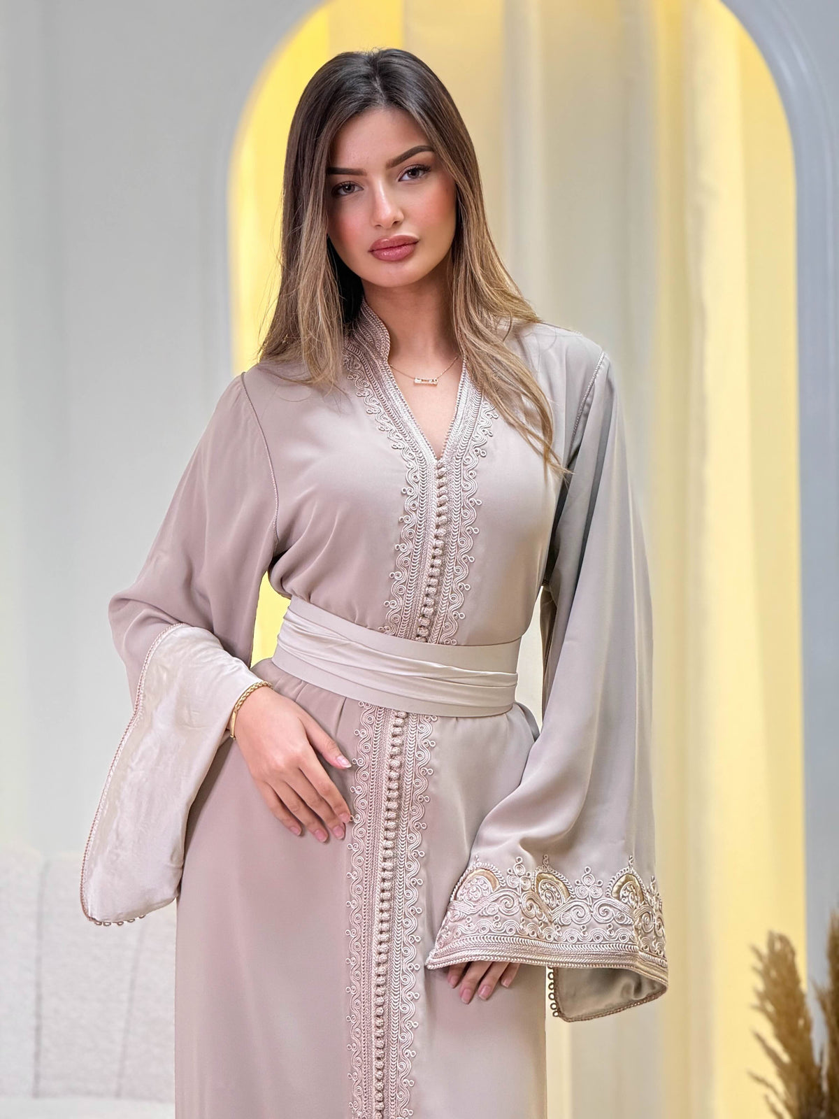 Sajida Beige Kaftan – Handcrafted Moroccan Dress – product view 6