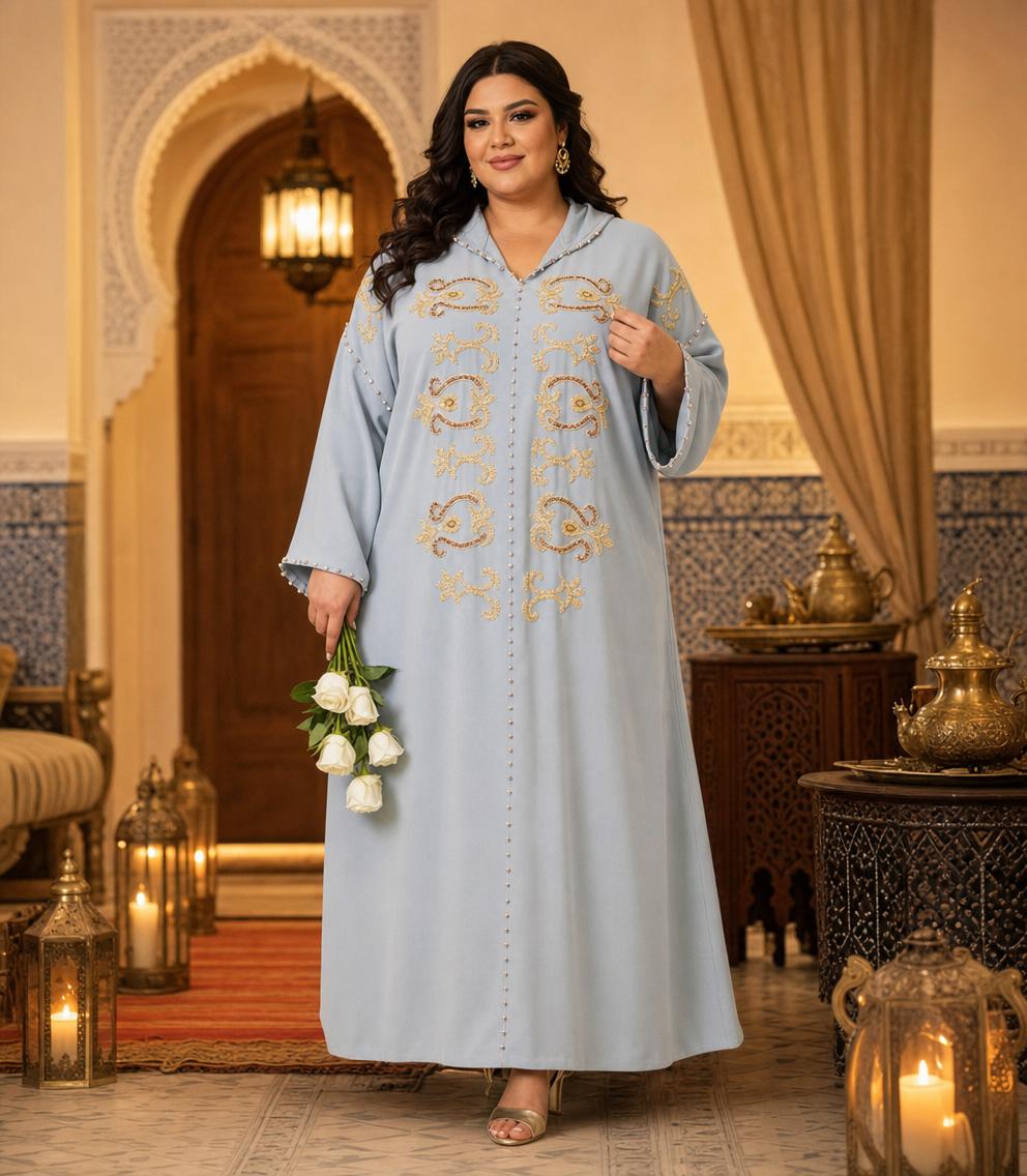 Fatima Gray Djellaba – Casual Moroccan Tunic for Everyday Comfort \u2014 plus-size model