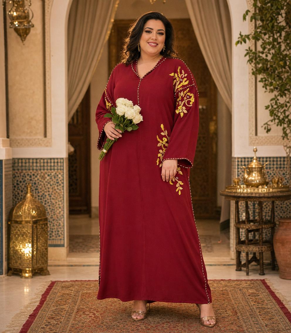 Souad Burgundy Djellaba – Casual Moroccan Tunic for Everyday Comfort \u2014 plus-size model
