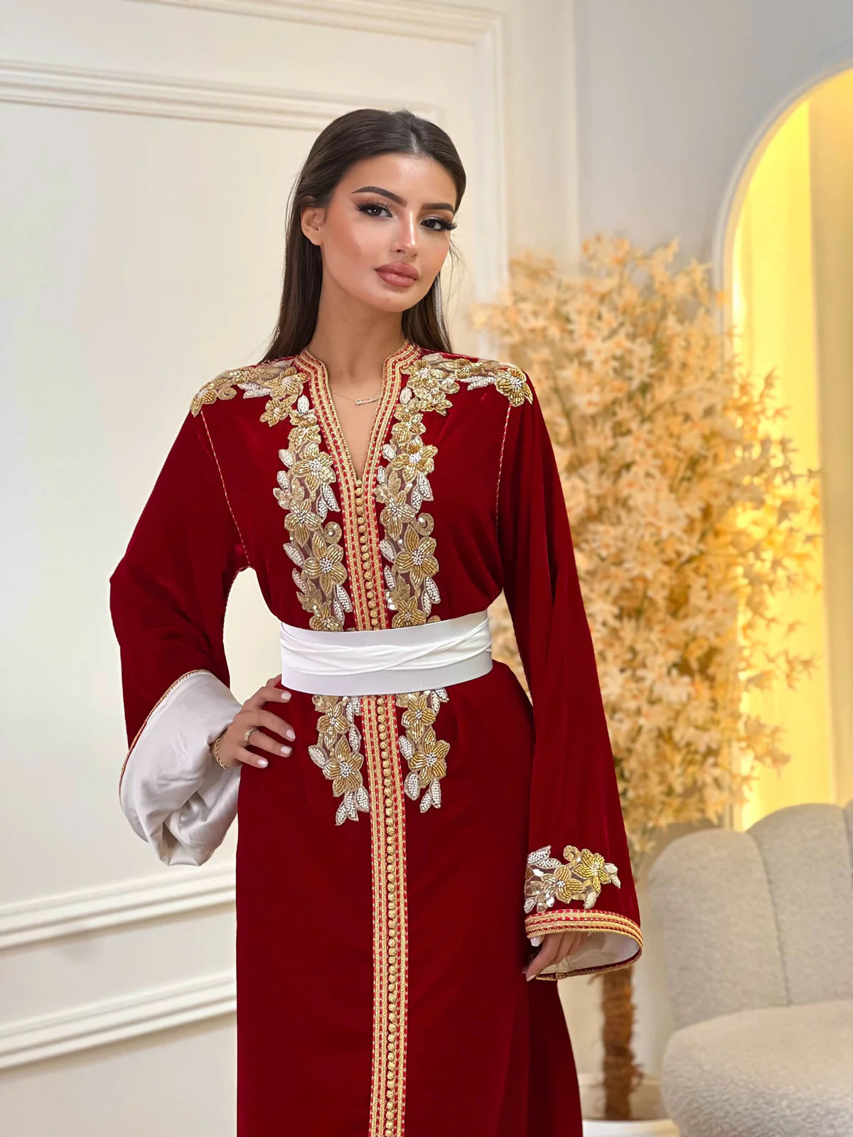 Dania Red Kaftan – Handcrafted with Gold Pearl Beadwork – product view 2