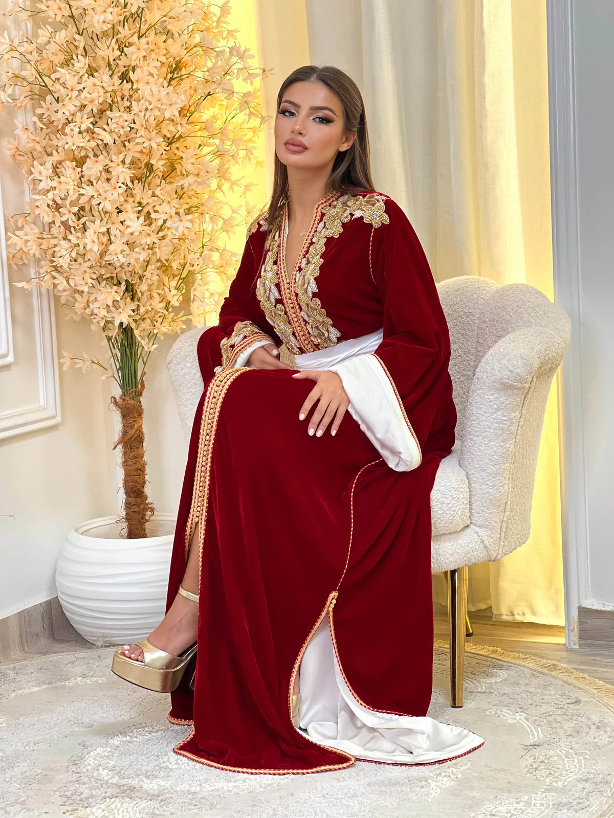 Dania Red Kaftan – Handcrafted with Gold Pearl Beadwork – product view 3