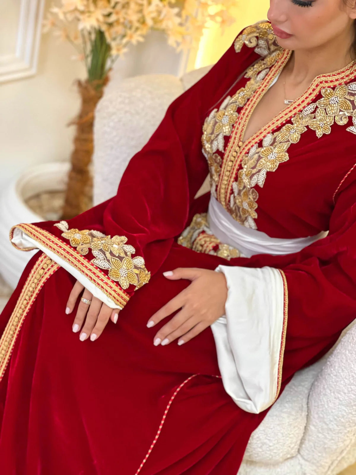 Dania Red Kaftan – Handcrafted with Gold Pearl Beadwork – product view 4