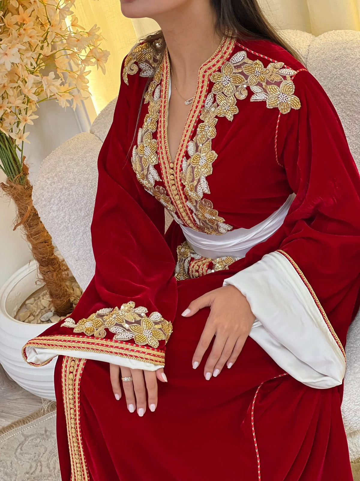 Dania Red Kaftan – Handcrafted with Gold Pearl Beadwork – product view 5