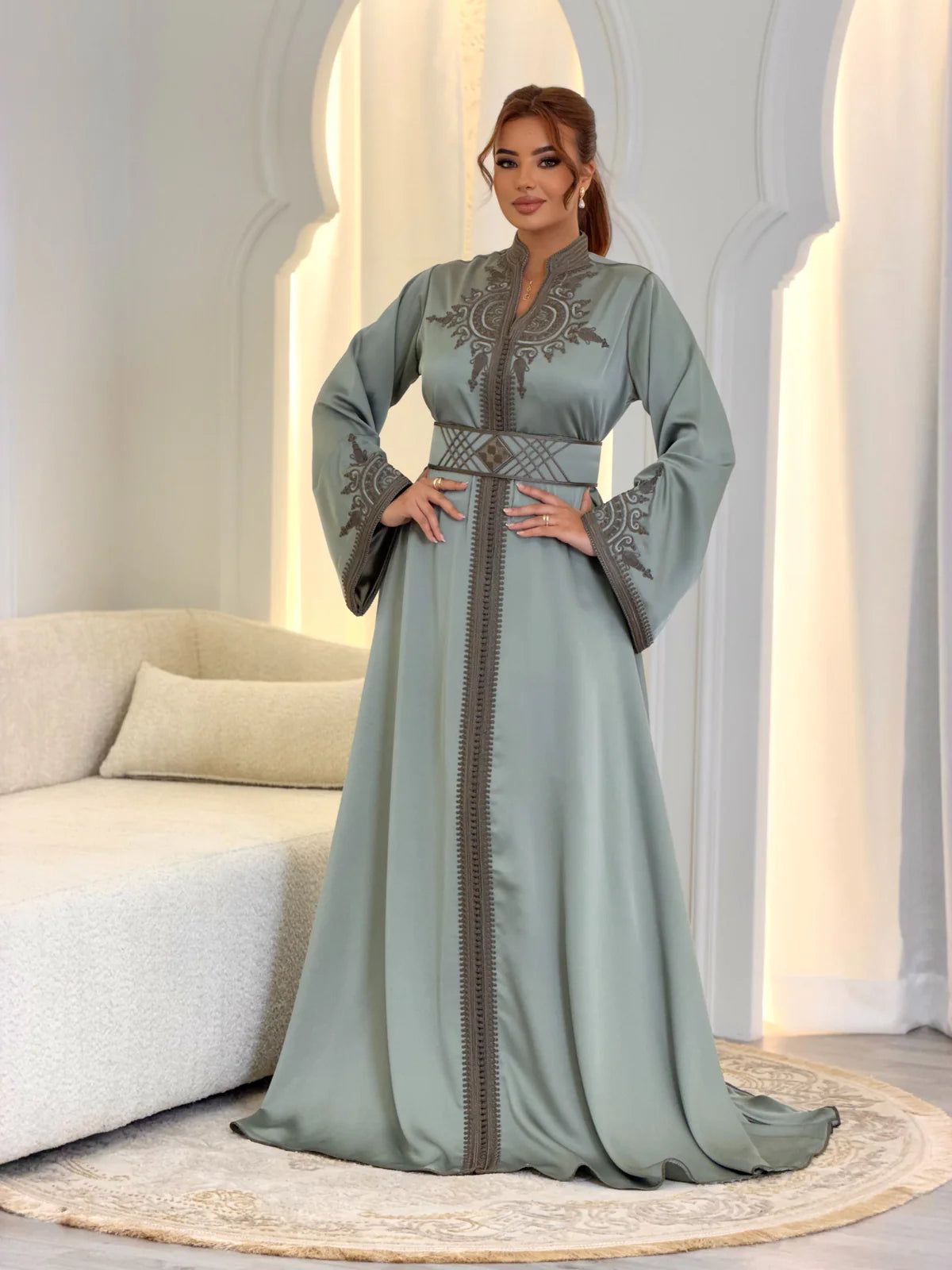 Hoyam Grey Kaftan – Handcrafted Moroccan Satin Dress – front view