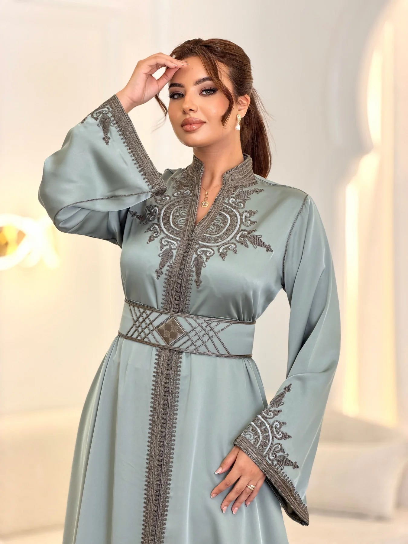 Hoyam Grey Kaftan – Handcrafted Moroccan Satin Dress – embroidery detail