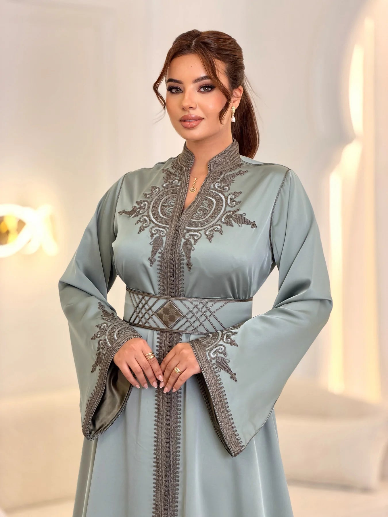 Hoyam Grey Kaftan – Handcrafted Moroccan Satin Dress – satin fabric detail
