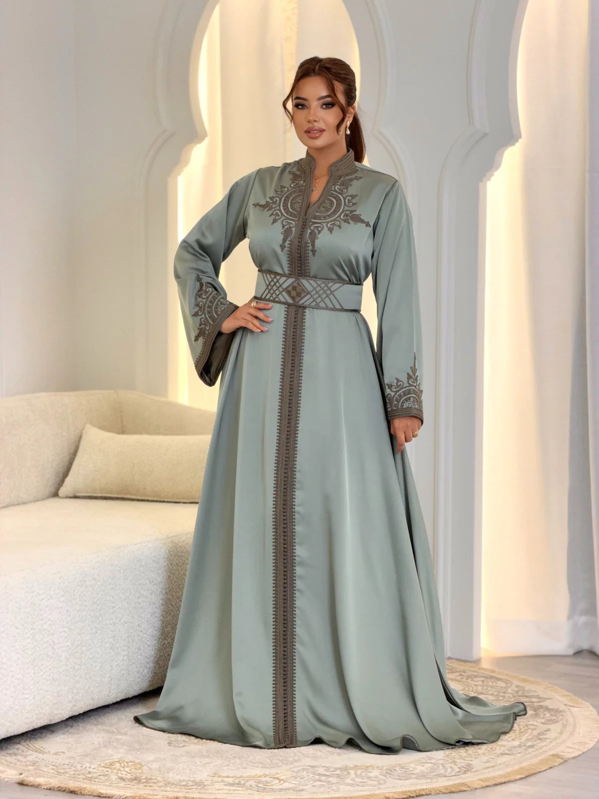 Hoyam Grey Kaftan – Handcrafted Moroccan Satin Dress – product view 6