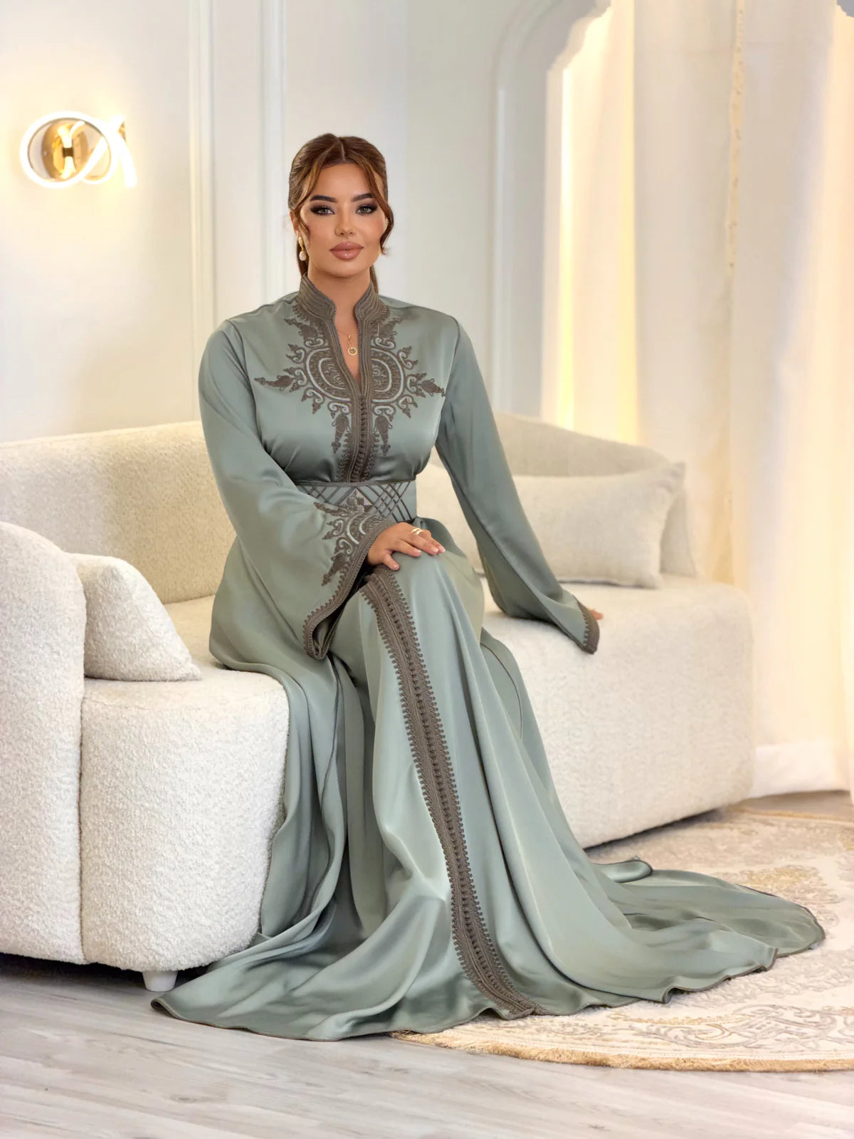 Hoyam Grey Kaftan – Handcrafted Moroccan Satin Dress – back view