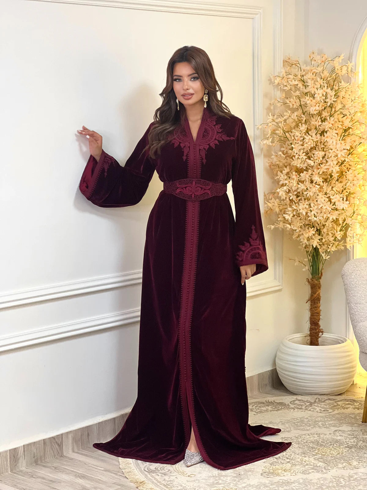 Insaf Burgundy Kaftan – Handcrafted Moroccan Dress – product view 2