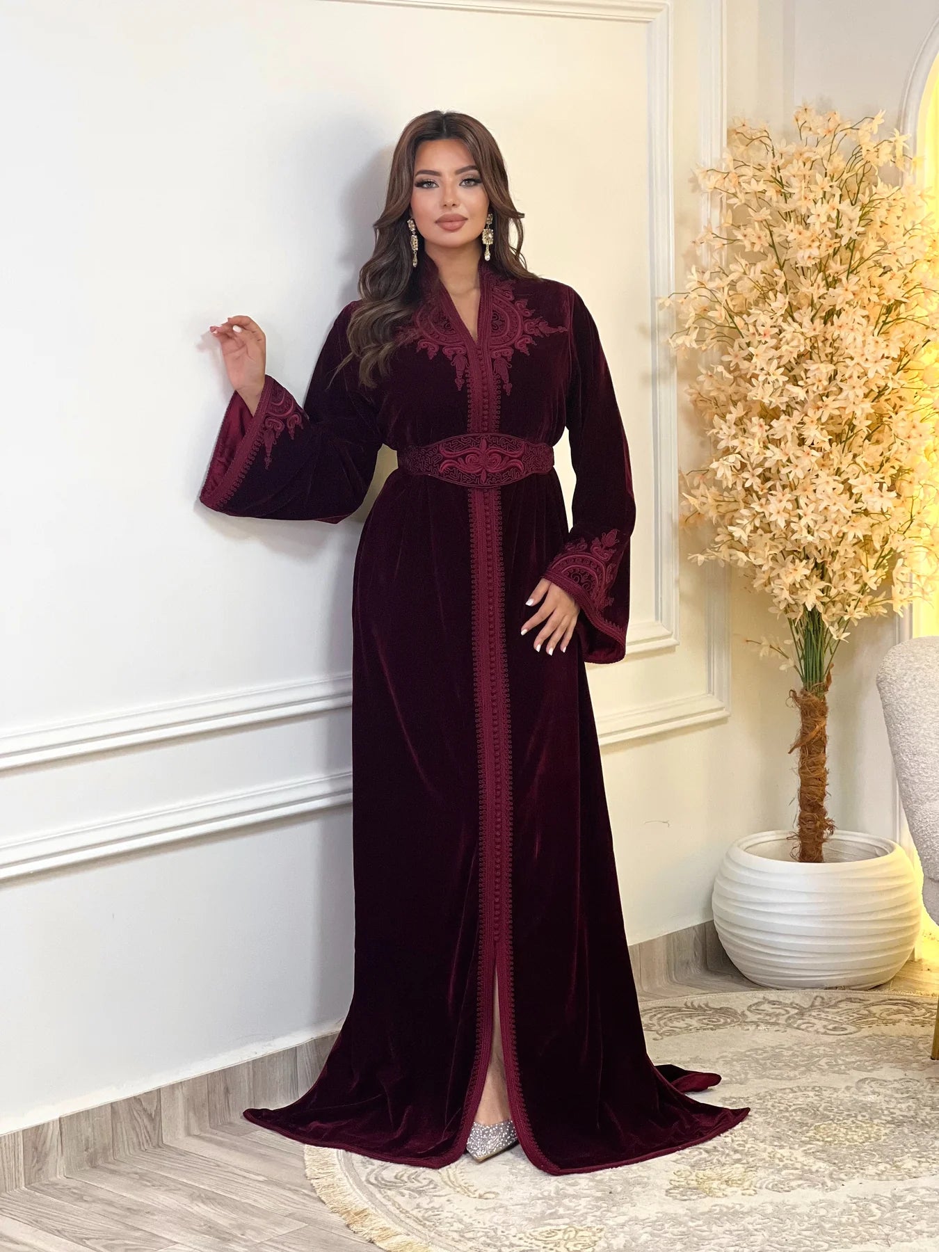 Insaf Burgundy Kaftan – Handcrafted Moroccan Dress – product view 3