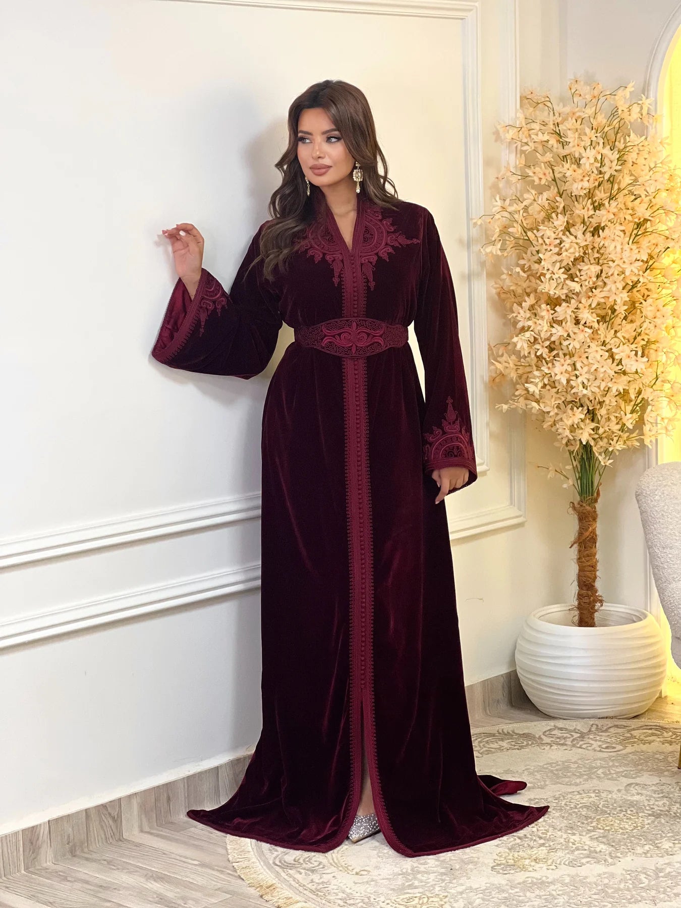 Insaf Burgundy Kaftan – Handcrafted Moroccan Dress – product view 4