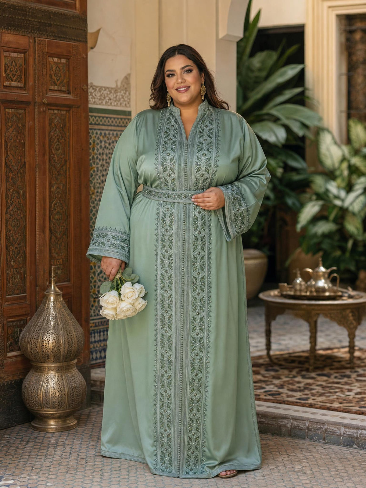 Malak Green Kaftan – Handcrafted Moroccan Dress — plus-size model