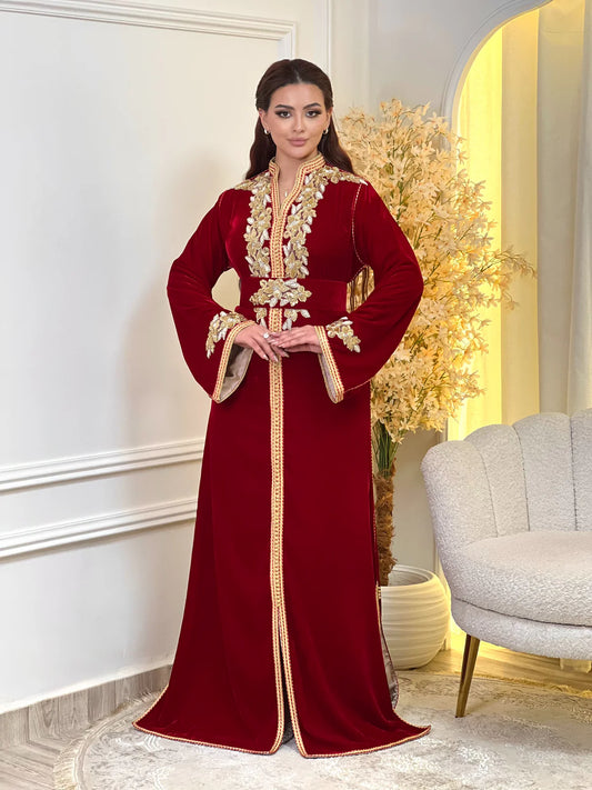 Najia Red Kaftan – Handcrafted with Gold Pearl Beadwork