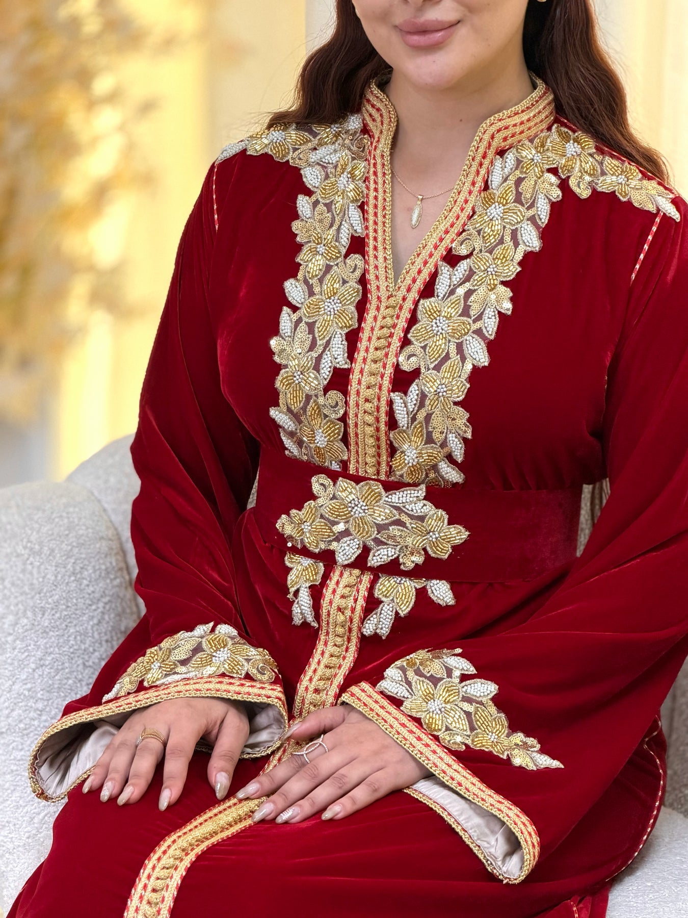 Najia Red Kaftan – Handcrafted with Gold Pearl Beadwork – product view 10