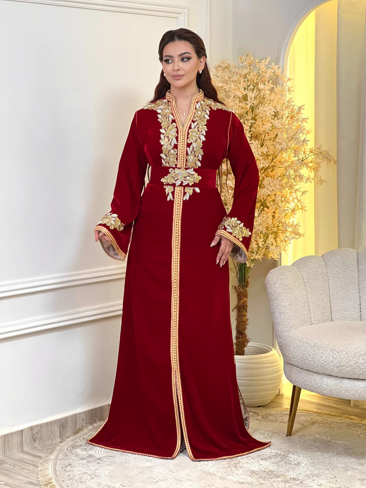 Najia Red Kaftan – Handcrafted with Gold Pearl Beadwork – product view 2