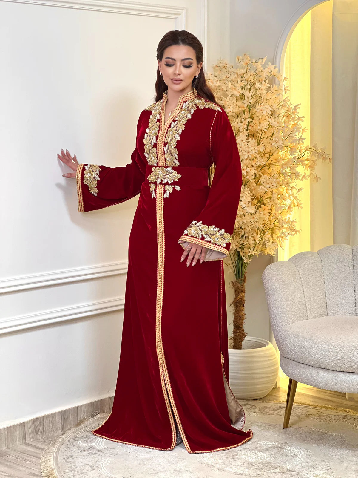 Najia Red Kaftan – Handcrafted with Gold Pearl Beadwork – product view 4