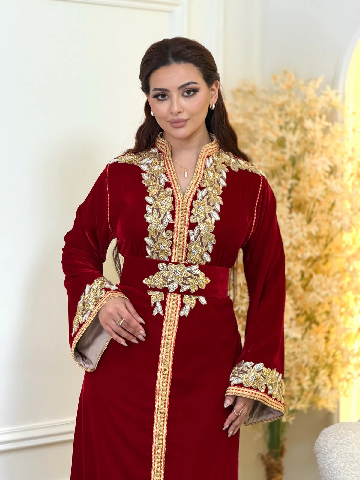 Najia Red Kaftan – Handcrafted with Gold Pearl Beadwork – product view 6