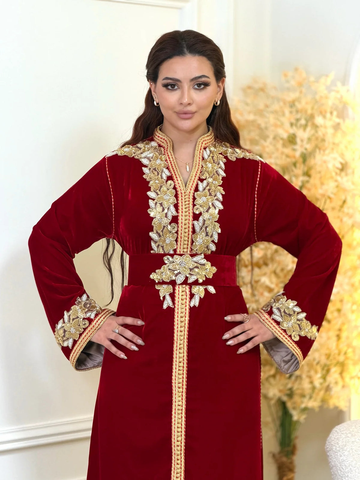 Najia Red Kaftan – Handcrafted with Gold Pearl Beadwork – product view 7