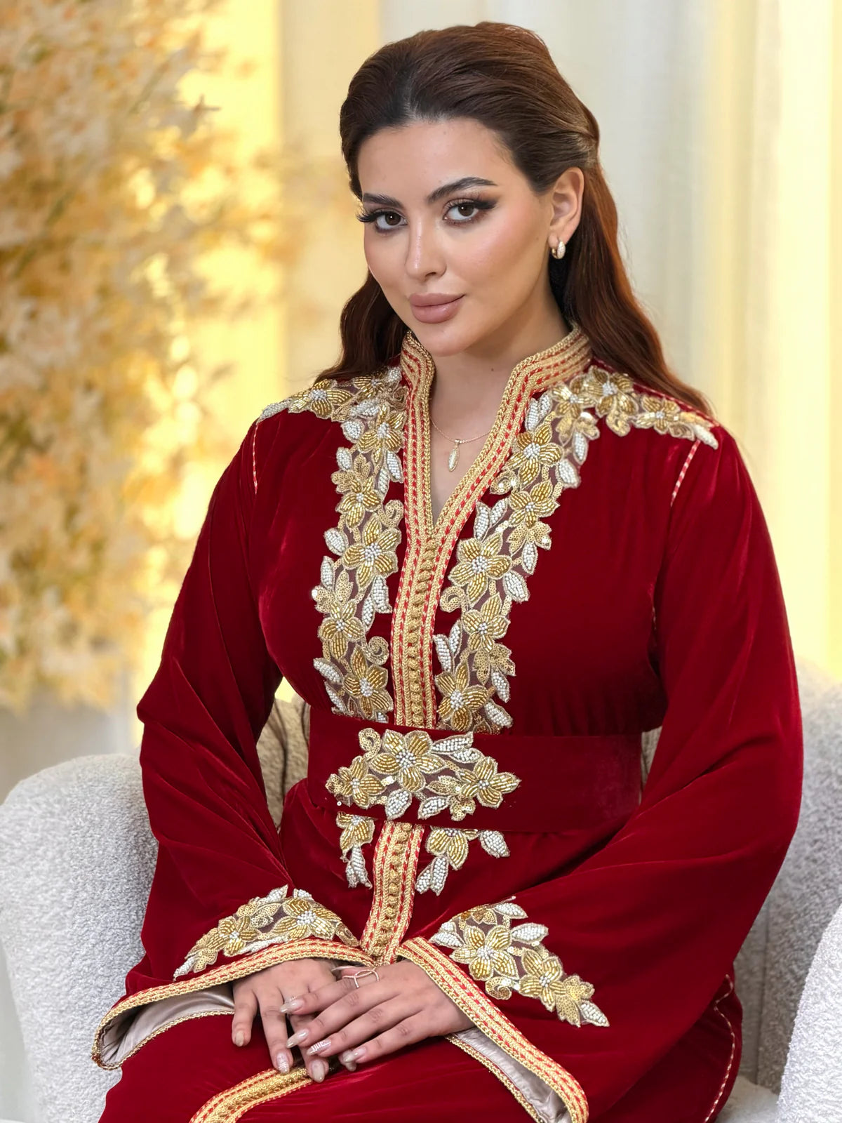 Najia Red Kaftan – Handcrafted with Gold Pearl Beadwork – product view 9
