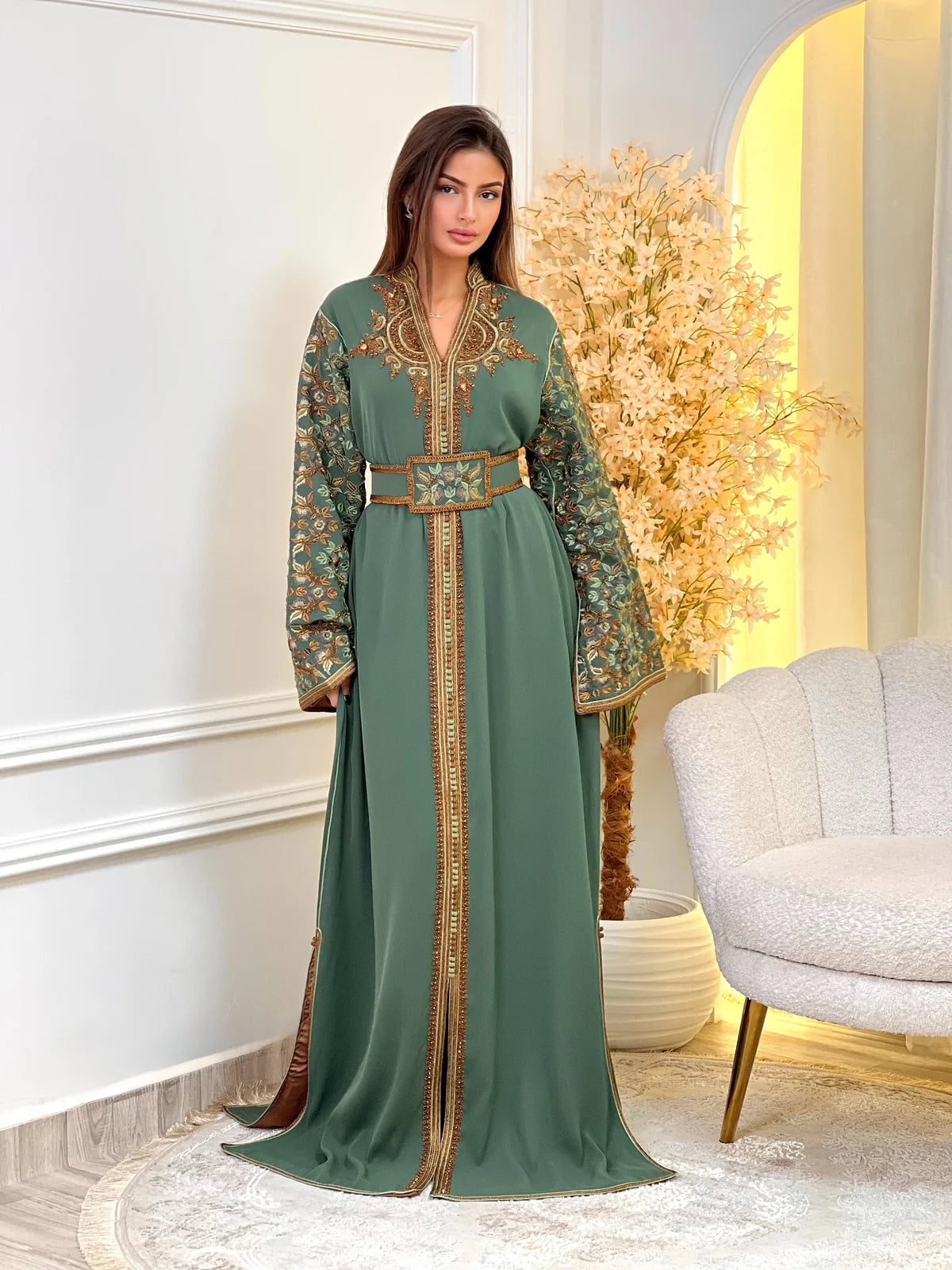 Nariman Green Kaftan – Handcrafted Moroccan Dress – front view