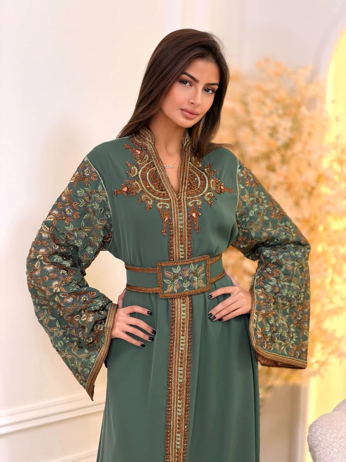 Nariman Green Kaftan – Handcrafted Moroccan Dress – fabric detail