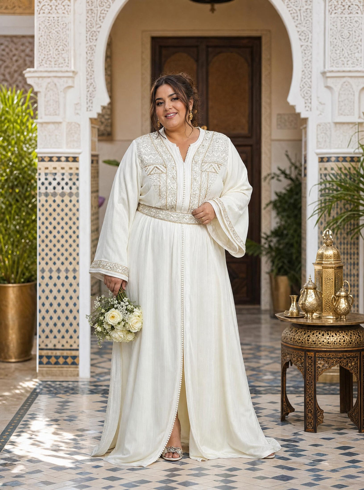 Nirmine White Takchita – Two-Piece Moroccan Ceremonial Dress \u2014 plus-size model