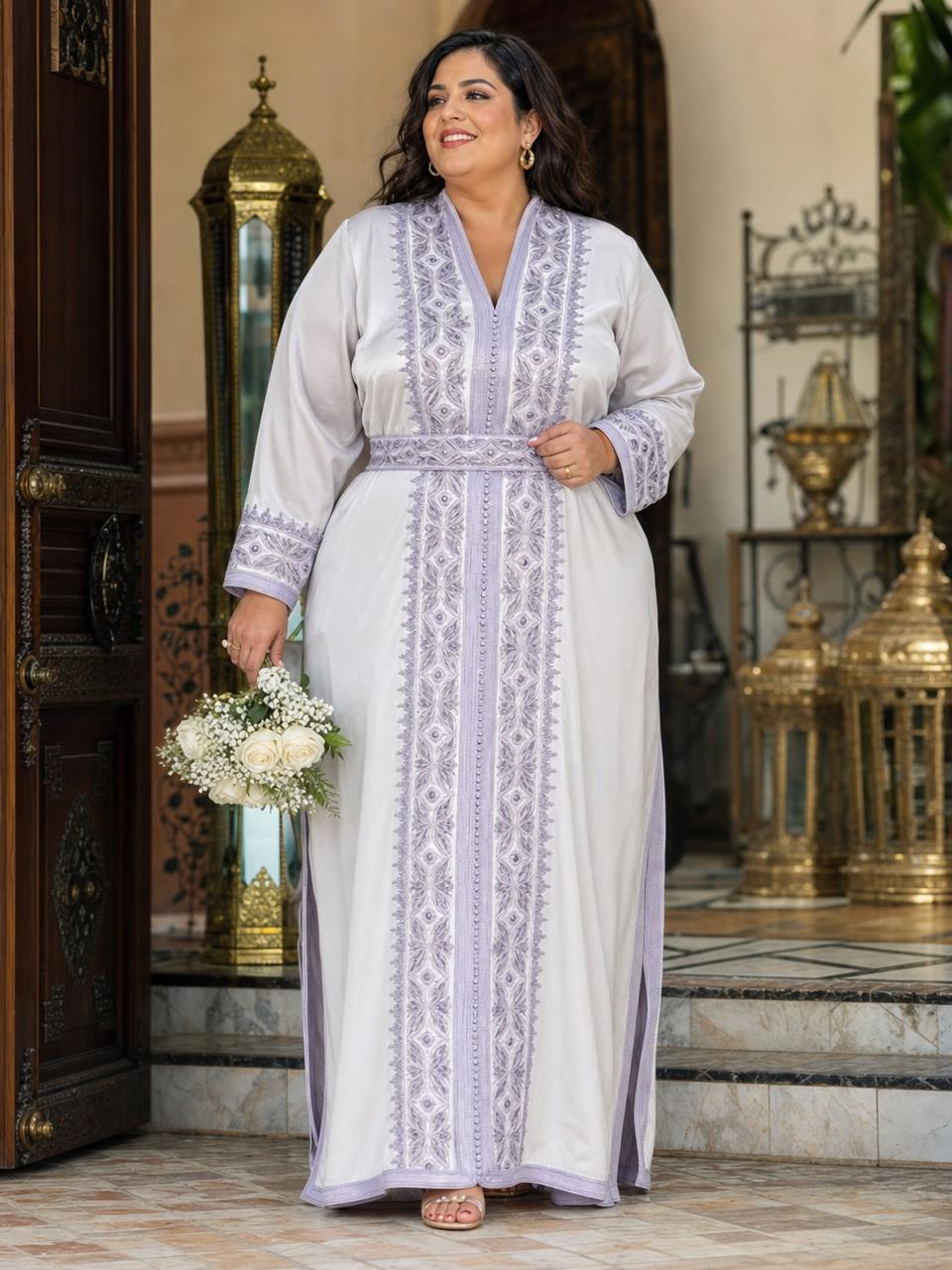 Saida Gray Kaftan – Handcrafted Moroccan Dress — plus-size model