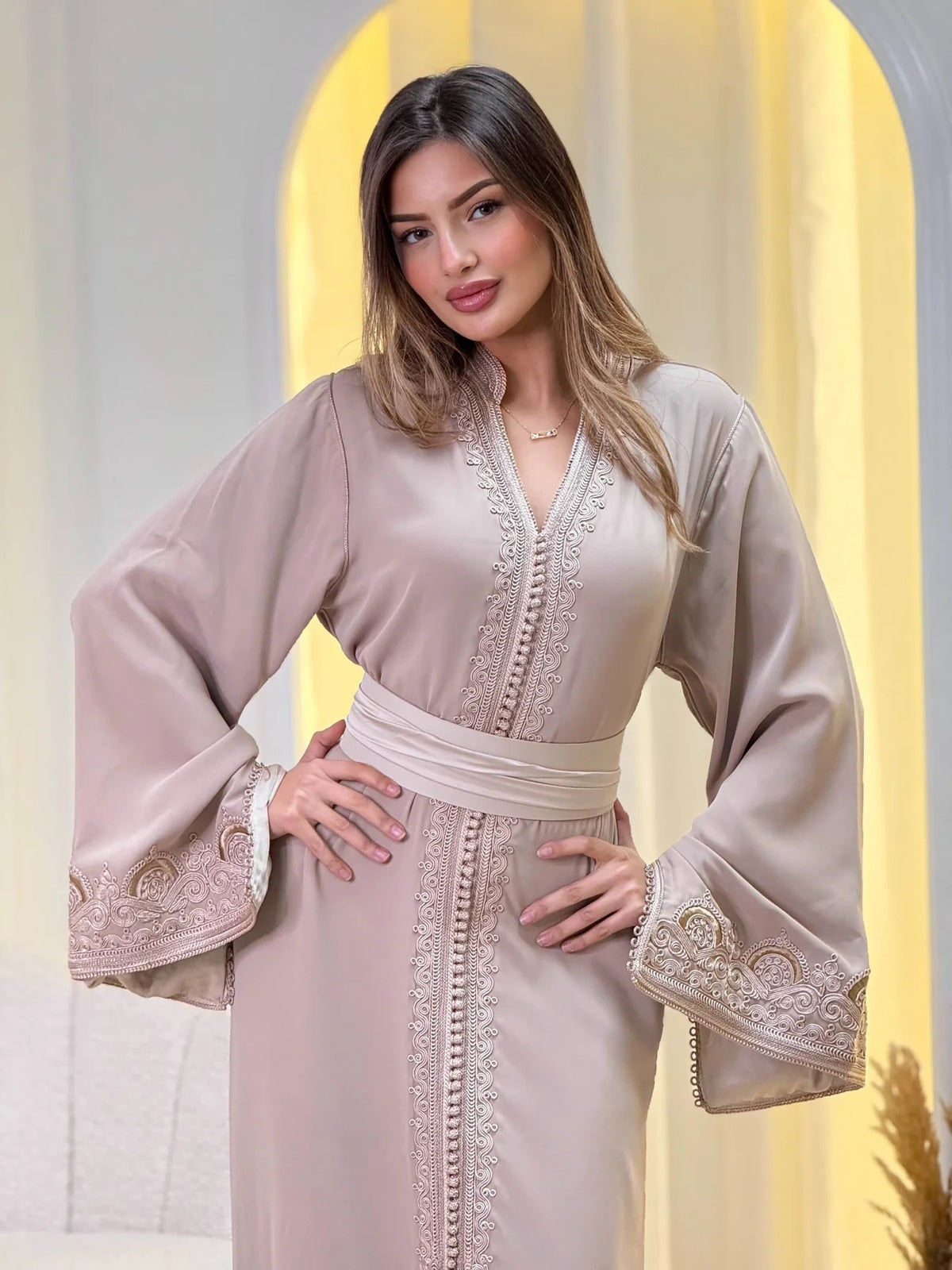 Sajida Beige Kaftan – Handcrafted Moroccan Dress – product view 5
