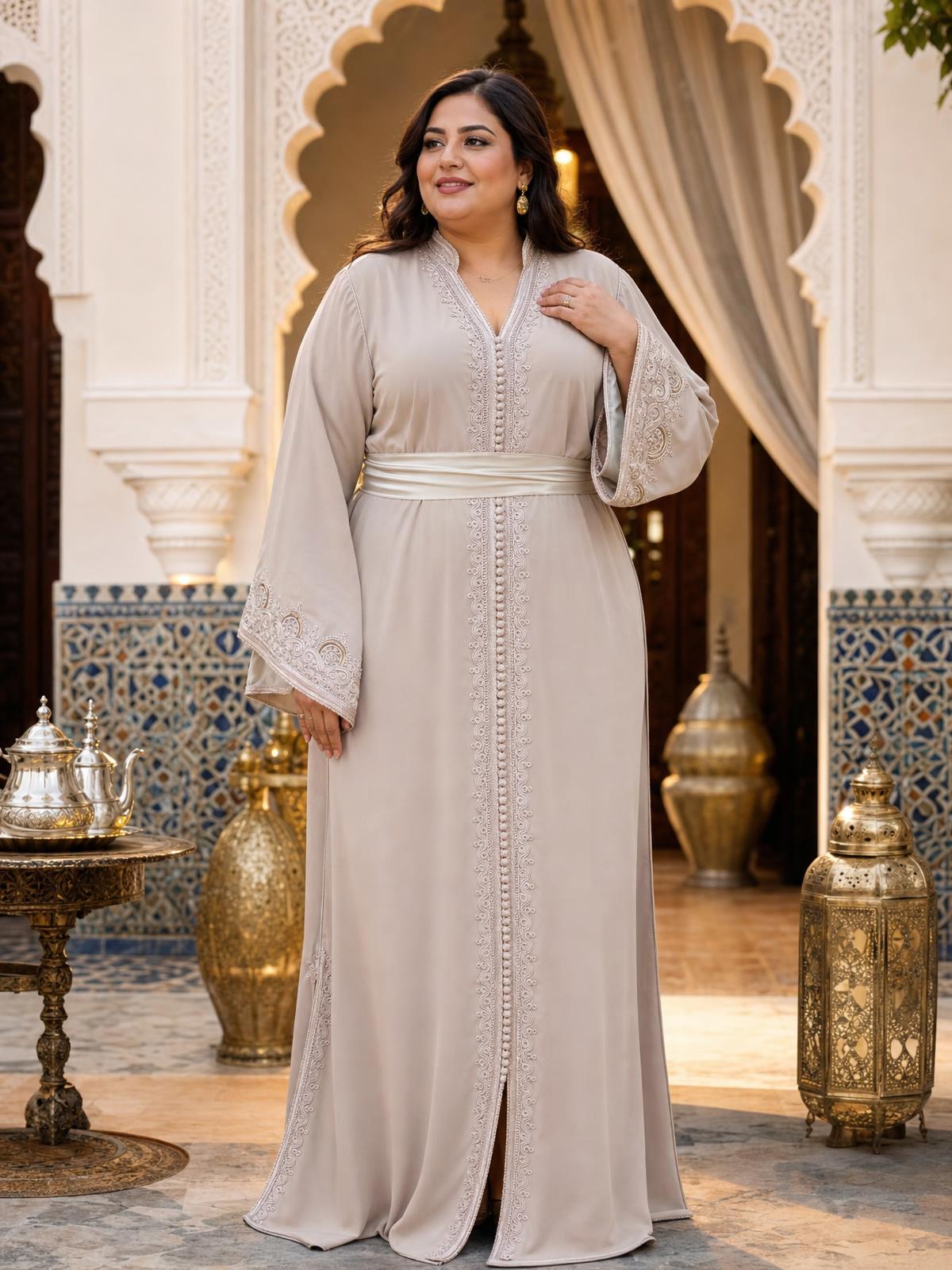Sajida Beige Kaftan – Handcrafted Moroccan Dress \u2014 plus-size model