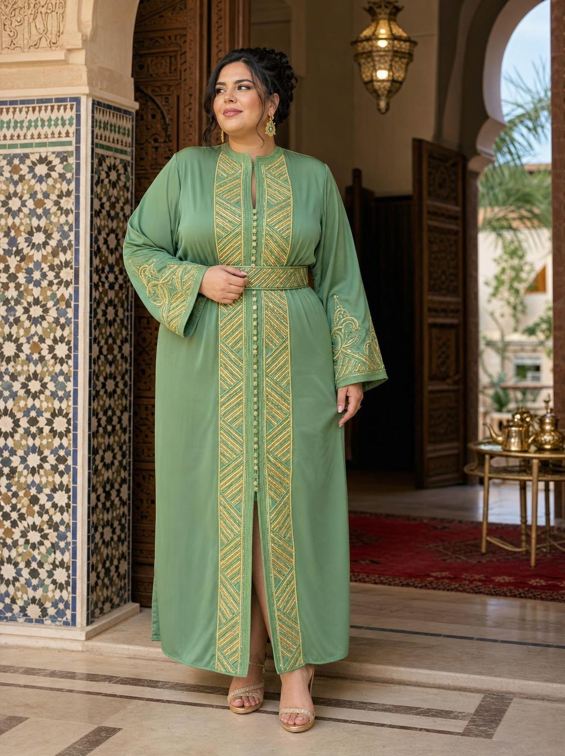Sirina Green Kaftan – Handcrafted Moroccan Dress \u2014 plus-size model